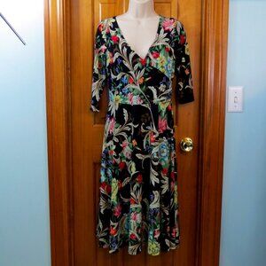 L’Bisse black floral midi faux wrap dress flowy size small
